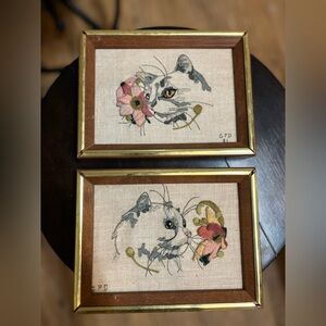 Vintage Hand Embroidered Cat Art Set of 2 • Linen Needlework • Mid Century Frame